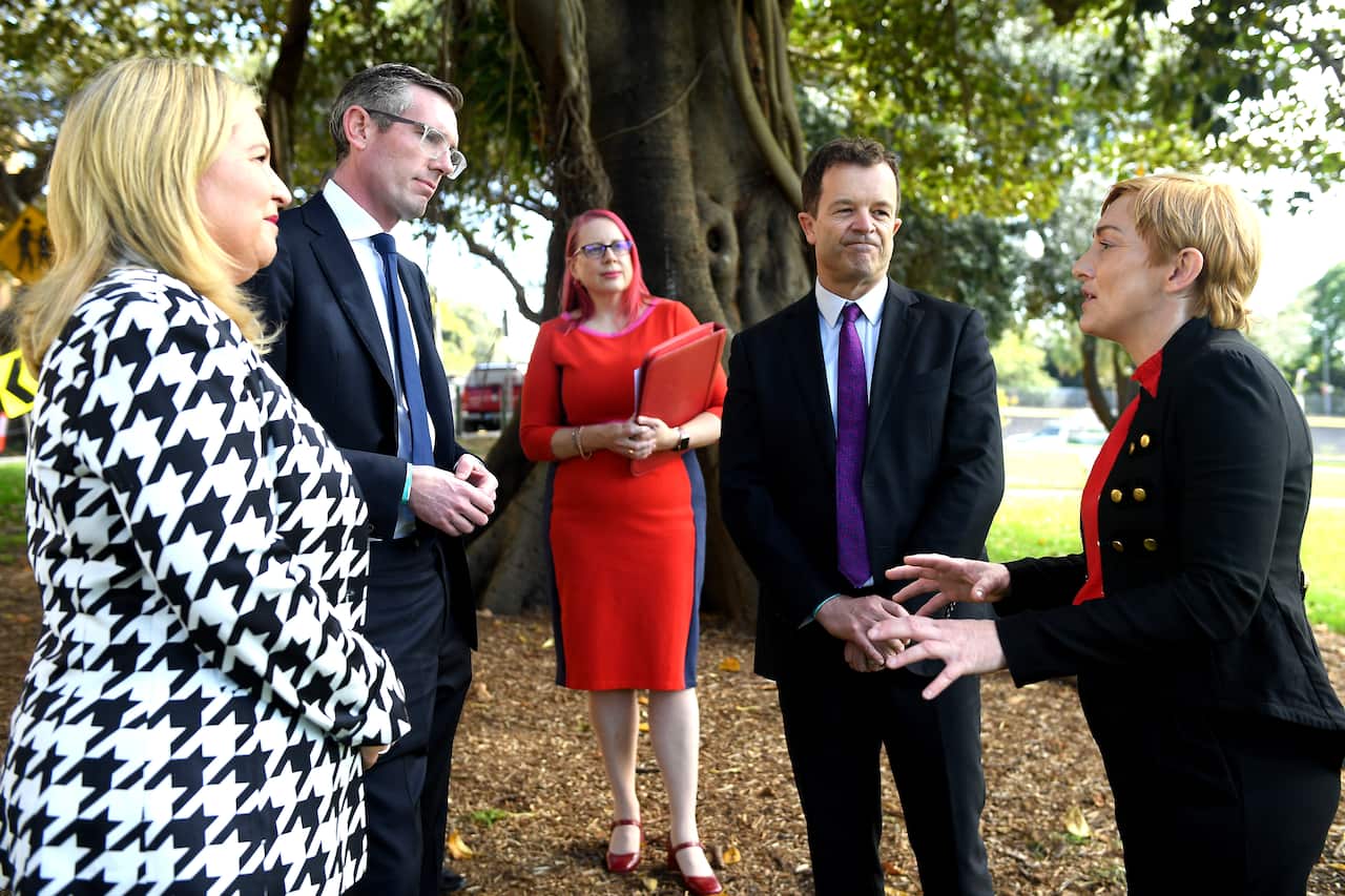 Wendy Boyd, NSW Minister for Women Bronnie Taylor, Premier Dominic Perrottet, Domestic Violence NSW Chair Annabelle Daniel, NSW Attorney General Mark Speakman.