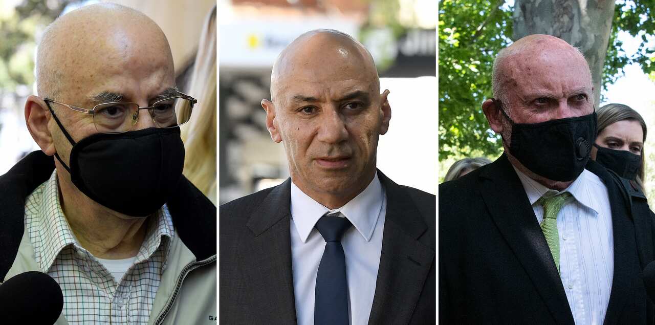 A tryptich shows (L-R) former NSW Labor minister Eddie Obeid, son Moses Obeid, and former NSW Labor minister Ian Macdonald arriving at the Supreme Court in Darlinghurst, Sydney, Thursday, October 21, 2021
