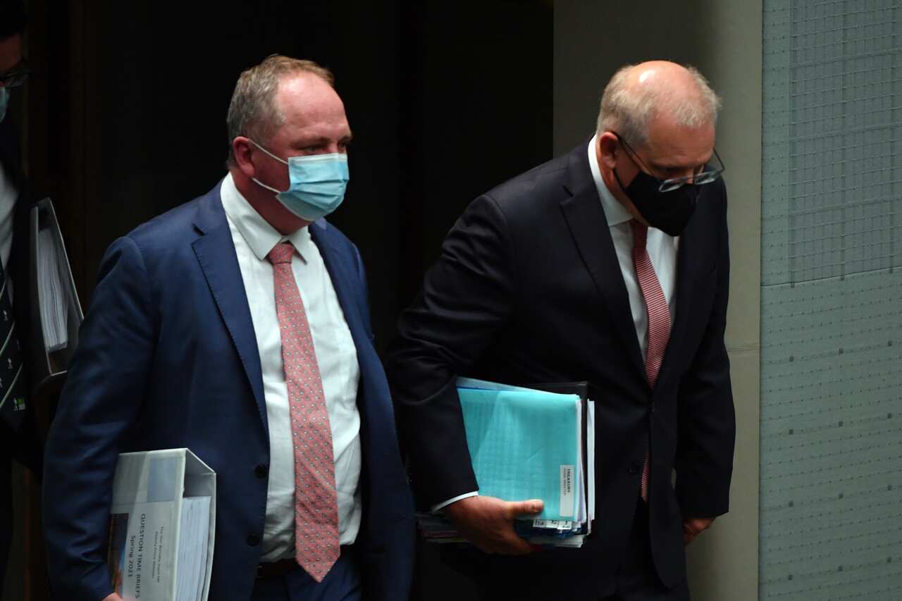 Deputy Prime Minister Barnaby Joyce and Prime Minister Scott Morrison arrive for Question Time in Canberra, 25 October, 2021.