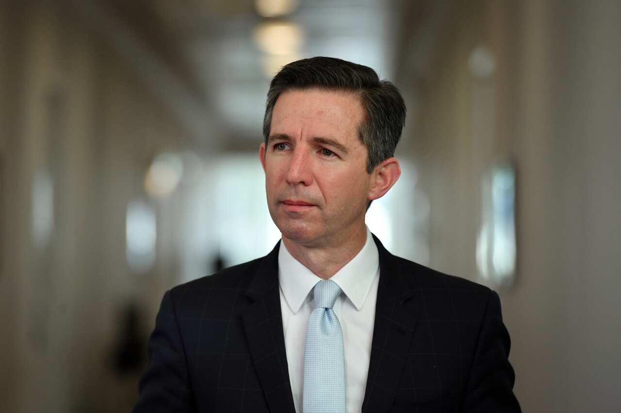 Minister for Finance Simon Birmingham at a press conference at Parliament House in Canberra.