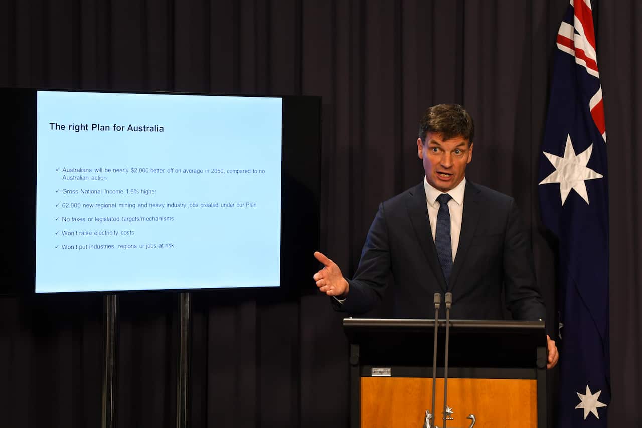 Angus Taylor speaks to the media during a press conference at Parliament House in Canberra, Tuesday, October 26, 2021