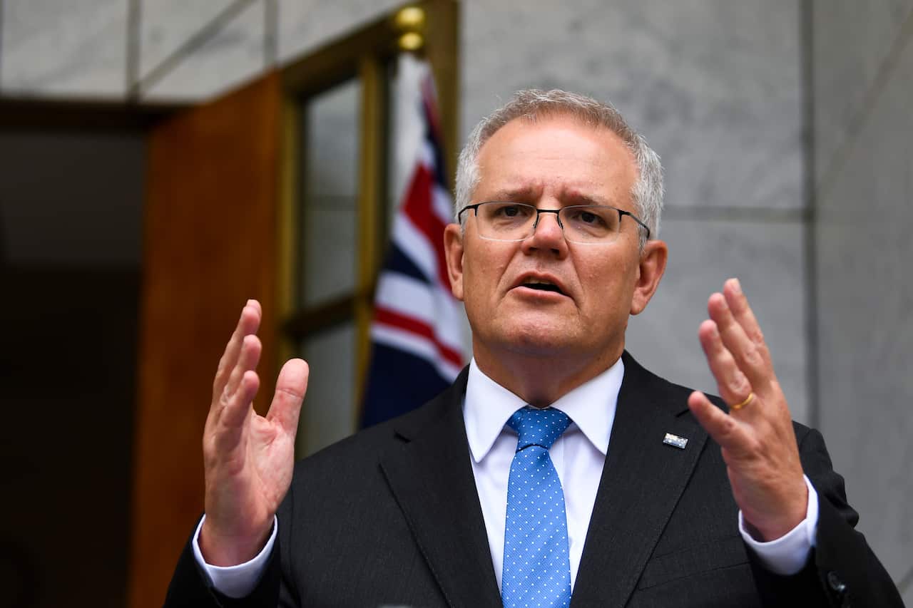 Prime Minister Scott Morrison speaks to the media during press conference at Parliament House in Canberra.