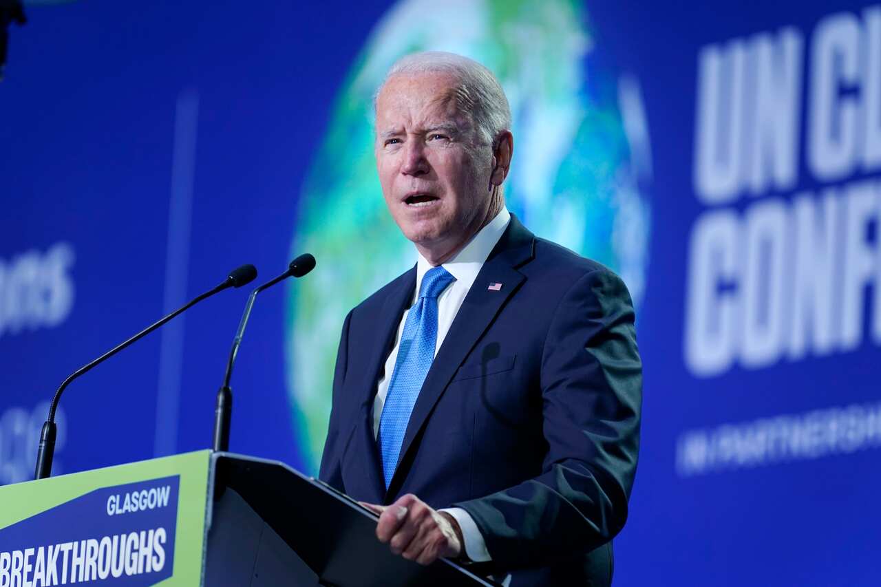 US President Joe Biden speaks during the COP26 UN Climate Summit, Tuesday, 2 November, 2021 in Glasgow, Scotland.