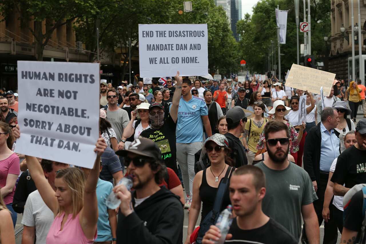 Protesters are seen during a rally against the state government's proposed pandemic laws, in Melbourne, Saturday, November 6, 2021.