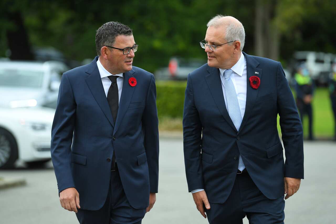 Victorian Premier Daniel Andrews and Prime Minister Scott Morrison arrive at the Shrine of Remembrance, in Melbourne