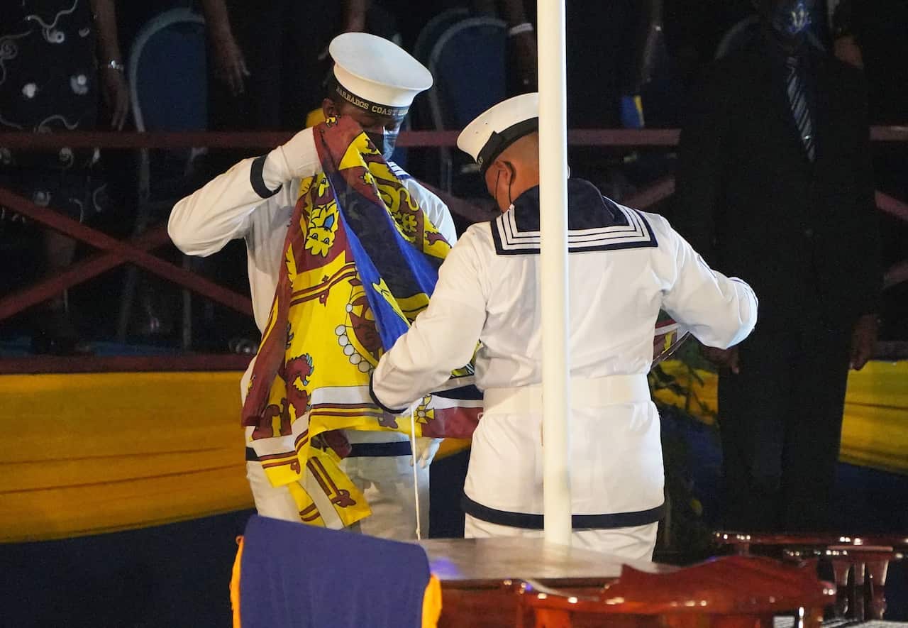 The Royal Standard is lowered in Barbados