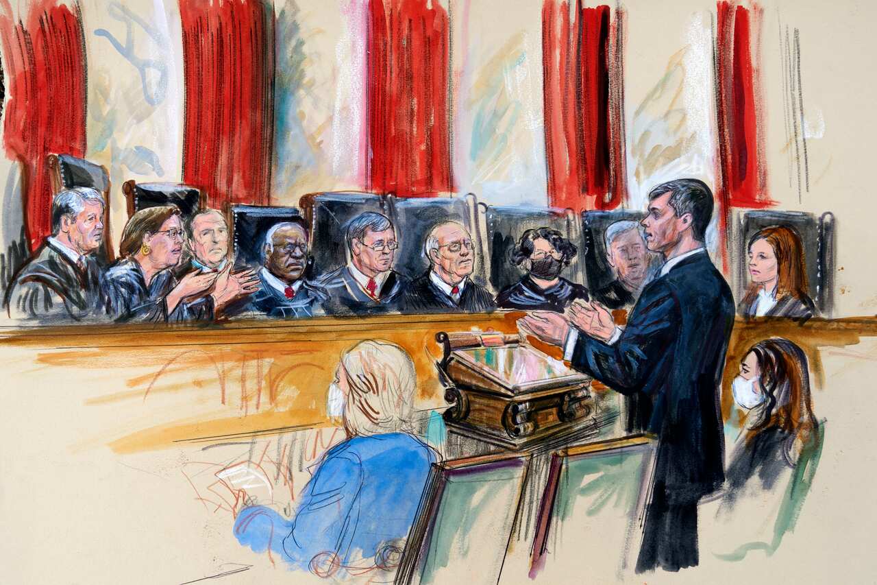 This artist sketch depicts Mississippi Solicitor General Scott Stewart speaking to the Supreme Court