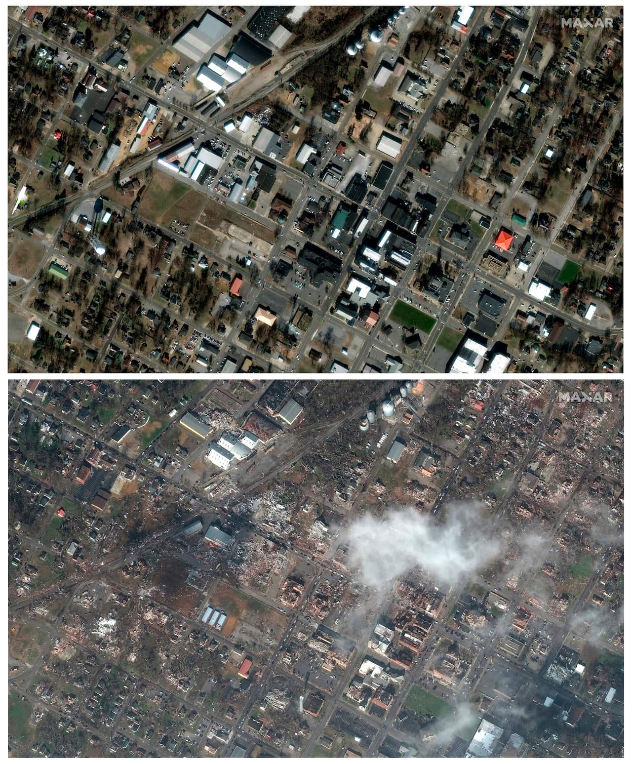 This combination of satellite images shows downtown Mayfield, Kentucky before and after devastating tornadoes ripped through the US Midwest.