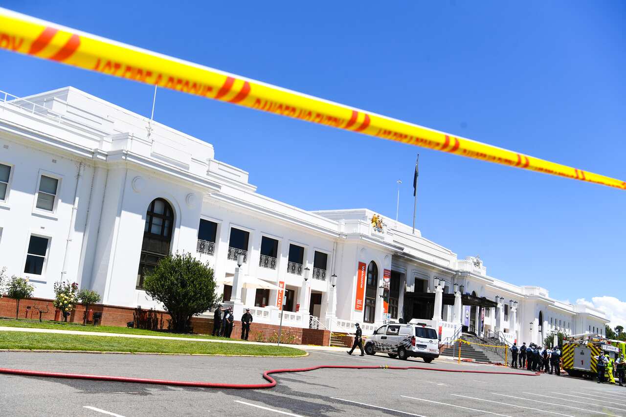A view of fire damaged entrance doors to Old Parliament House in Canberra.
