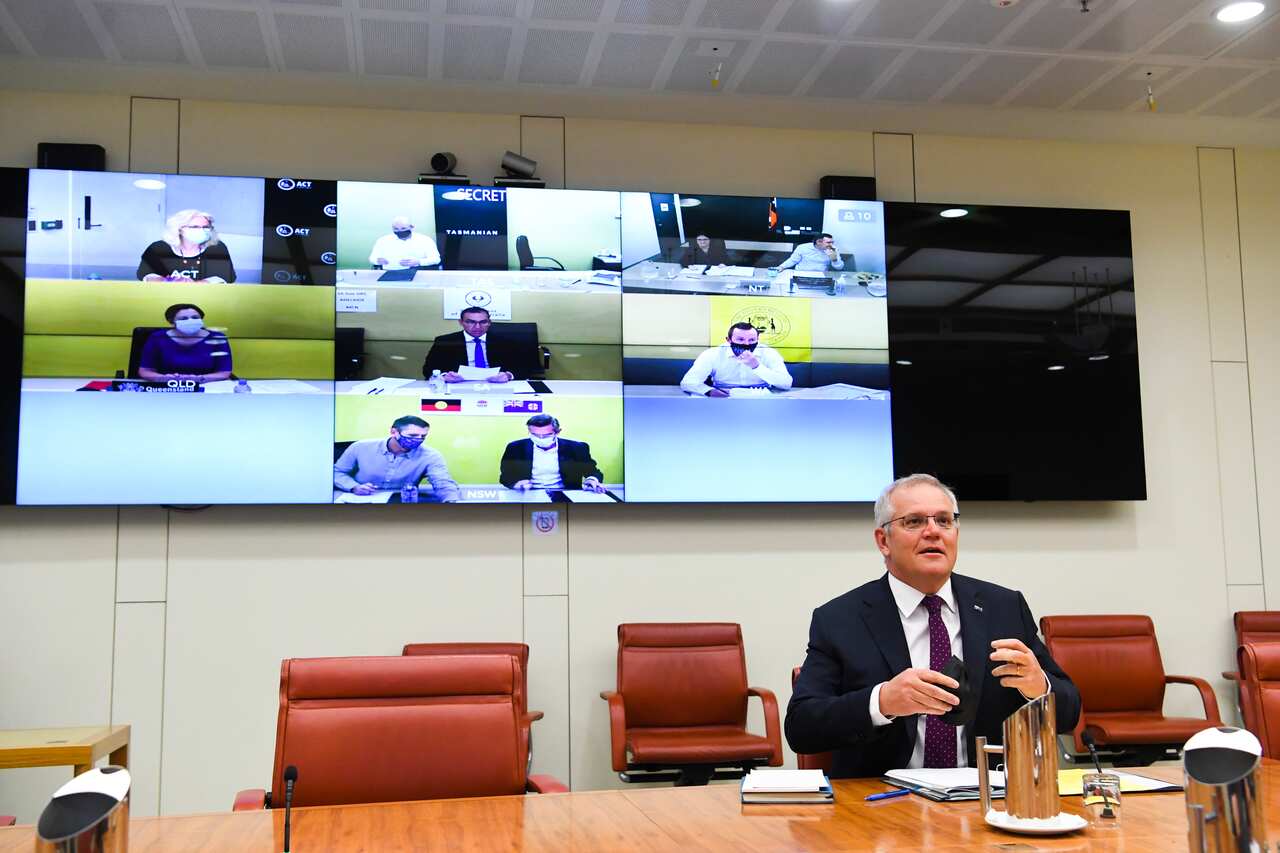 Australian Prime Minister Scott Morrison holds a national cabinet meeting with state and territory leaders