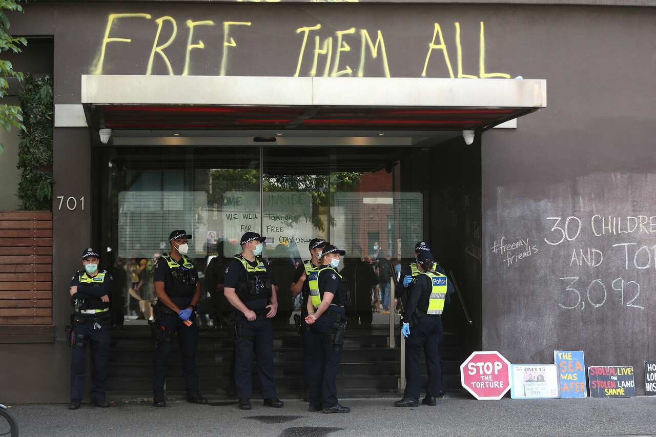 Police outside the Park Hotel in Melbourne, Australia