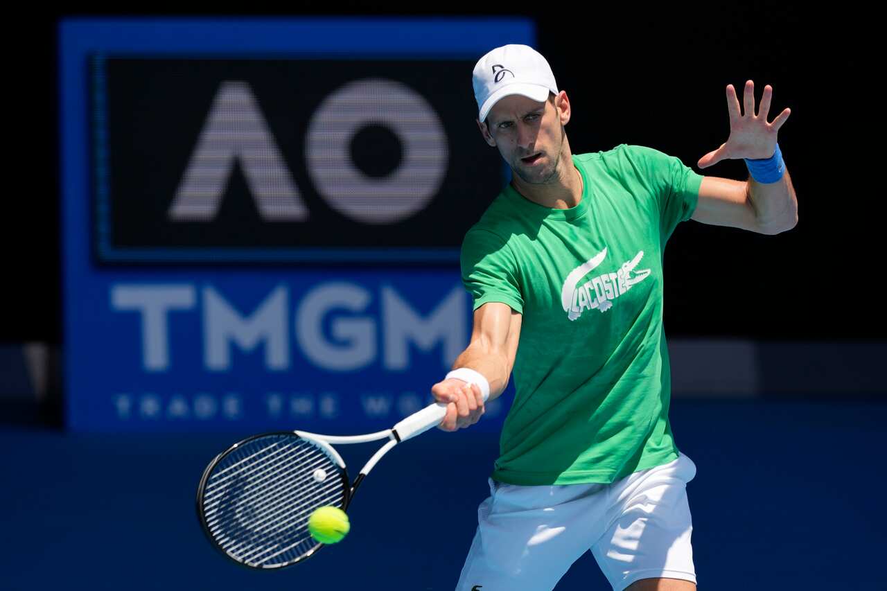 Novak Djokovic practices on Margaret Court Arena in Melbourne, Australia, Thursday, January 13, 2022.