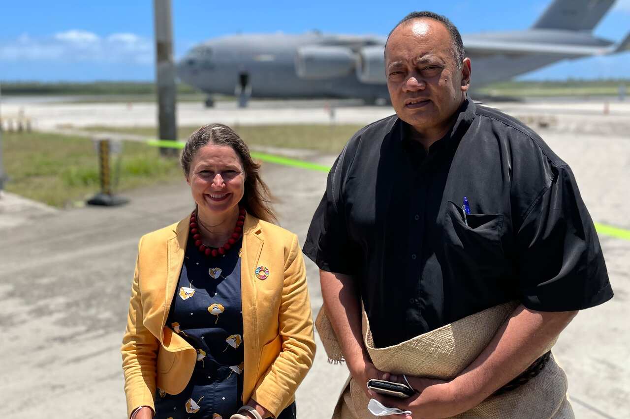 Tongan Prime Minister Siaosi Sovaleni, right, and the Australian High Commissioner to Tonga, Rachael Moore.