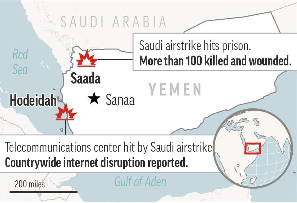 Map locates two Saudi airstrikes in Yemen.