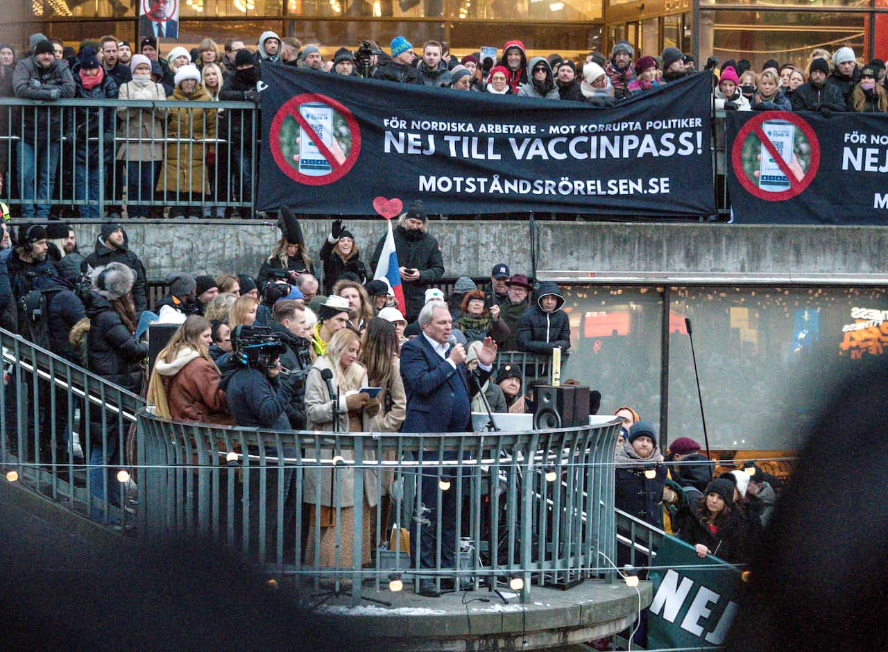 Anti Vax protesters demonstrate to protest covid-19 vaccine and health pass in Stockholm, Sweden, on January 22, 2022. Photo by Ida Akesson/Stella Pictures/ABACAPRESS.COM.