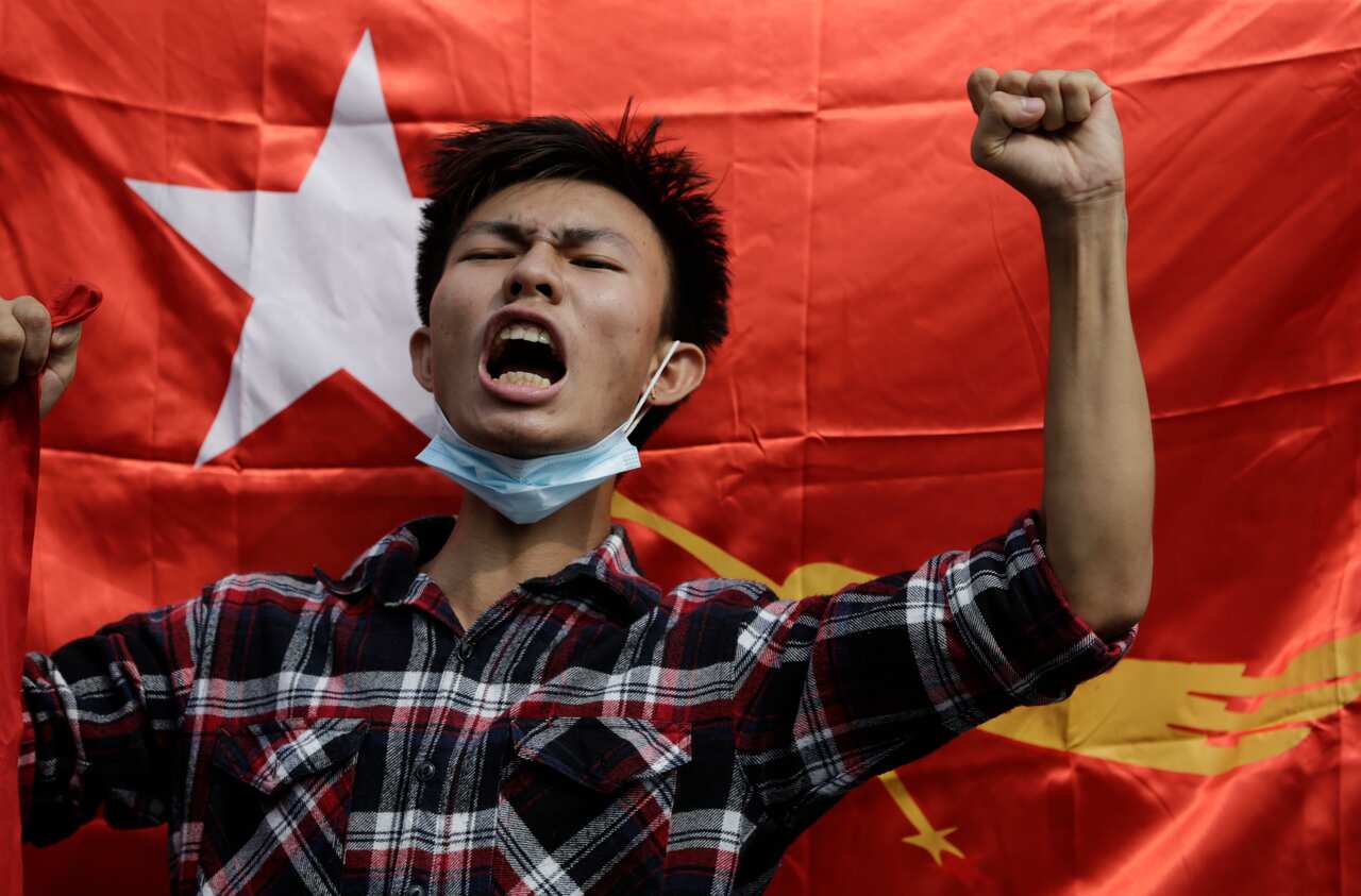 A protester shouts slogans in Yangon, Myanmar.