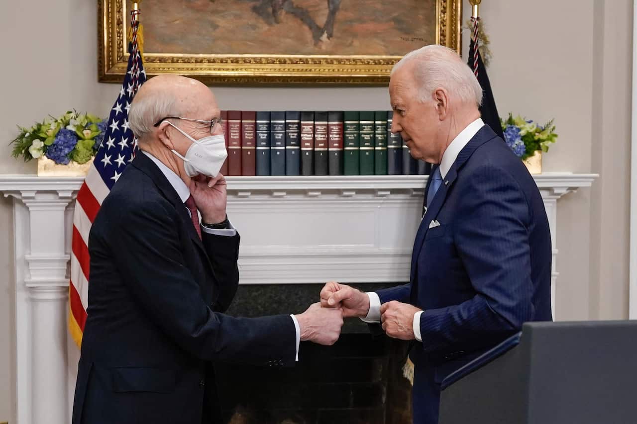 US Supreme Court Justice Stephen Breyer greets U.S. President Joe Biden in the Roosevelt Room at the White House in Washington on January 27, 2022. Photo by Yuri Gripas/Pool/Sipa USA