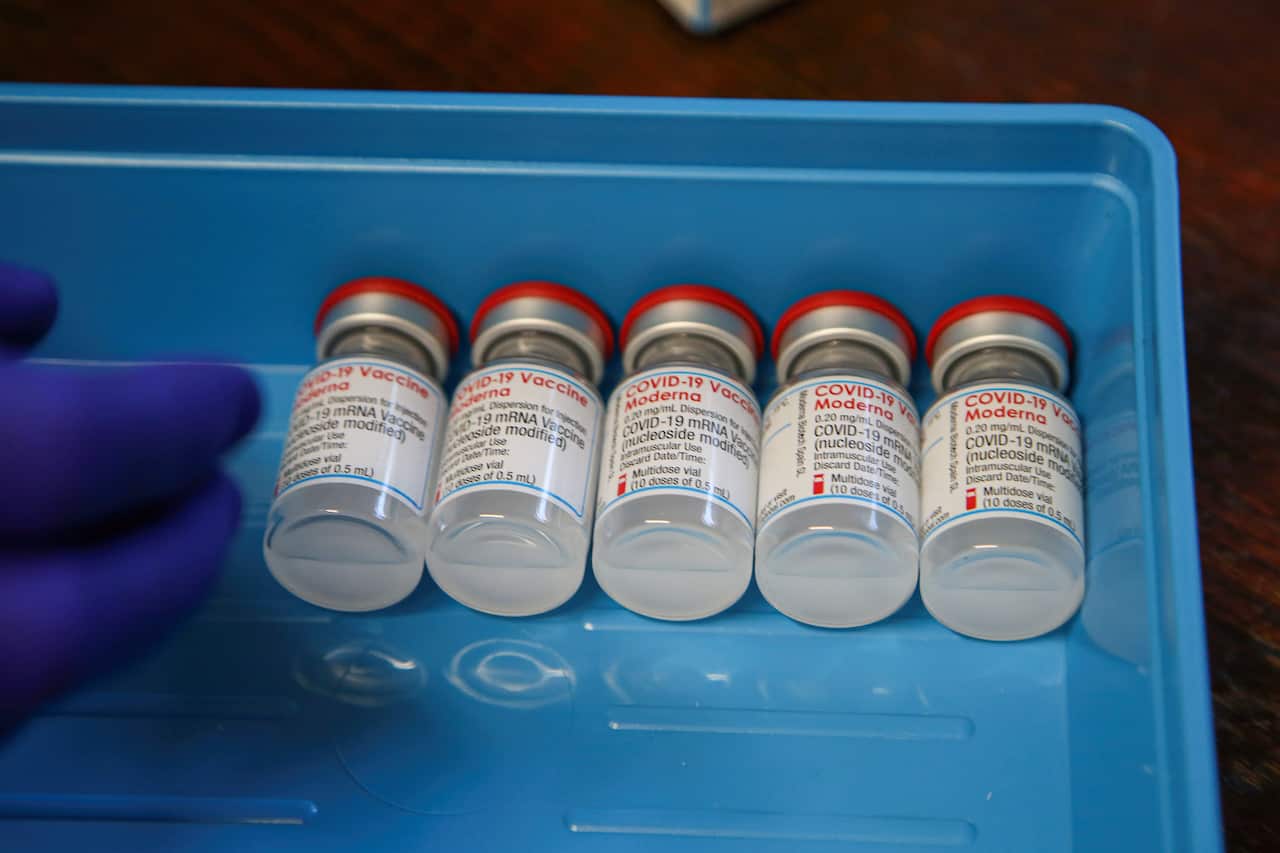 Vials containing Moderna Covid-19 booster vaccine at a vaccination center. (Photo by Dinendra Haria / SOPA Images/Sipa USA)