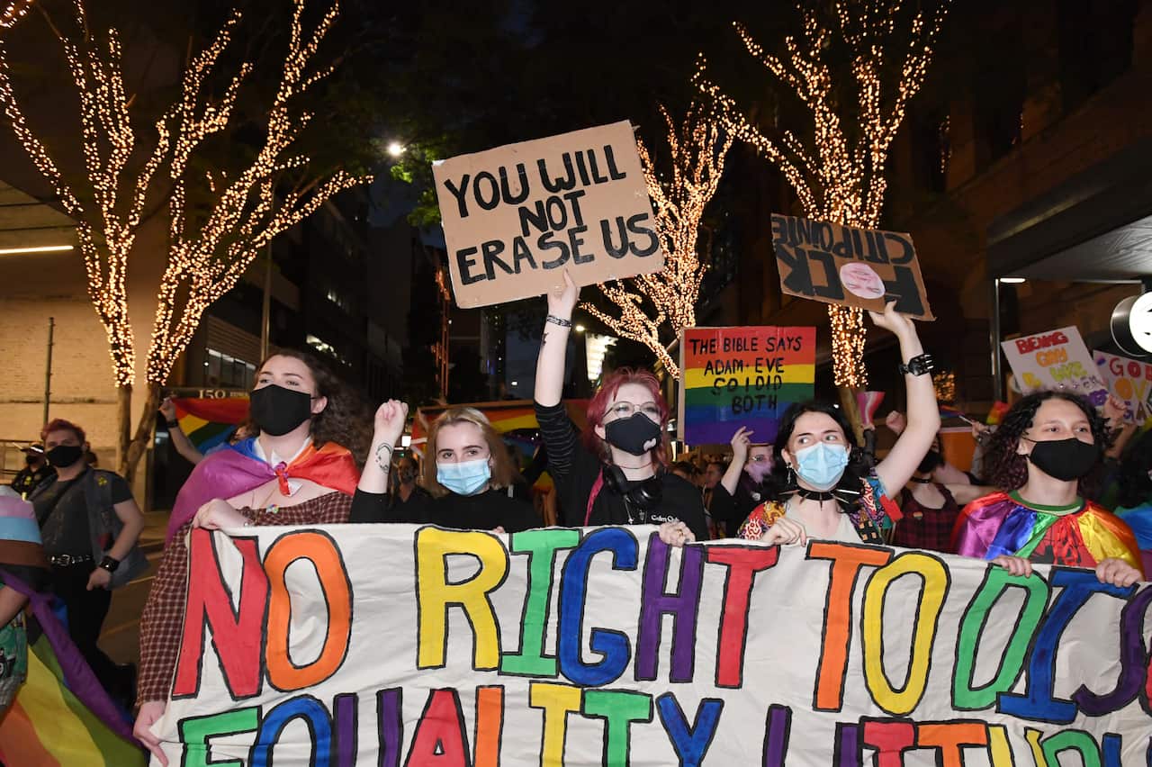 Protests against Citipointe Christian College during a march in Brisbane. 