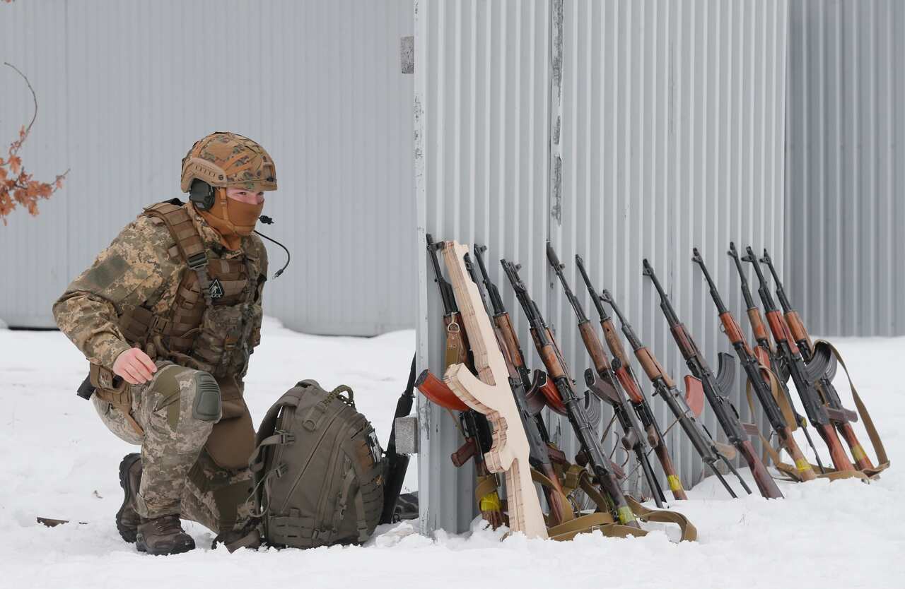 Ukrainians attend an open military training for civilians on a training range in Kiev, Ukraine, February 6 2022.