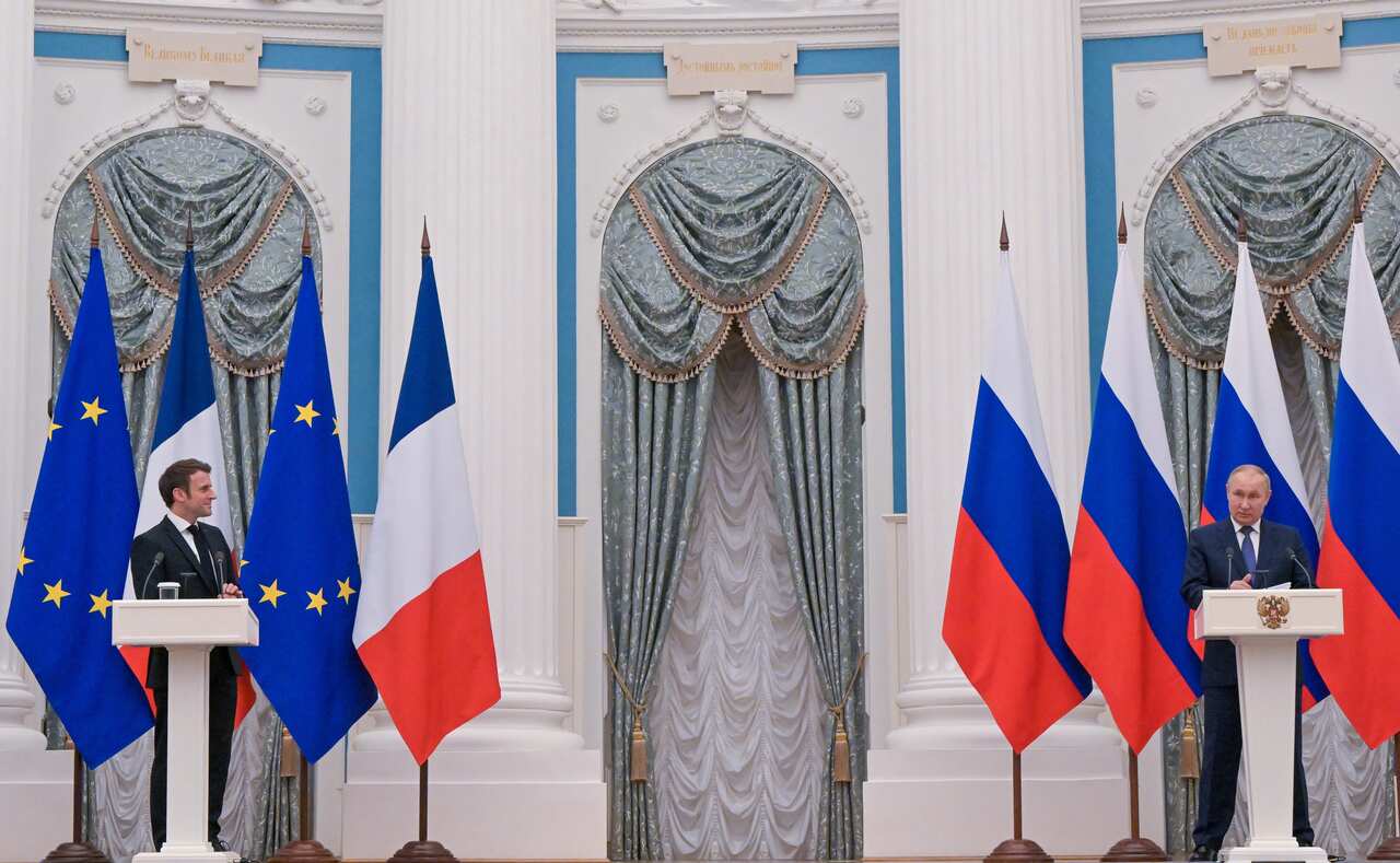 French president Emmanuel Macron (left) and Russian president Vladimir Putin at a joint press conference following their talks at the Kremlin on the Ukraine crisis.