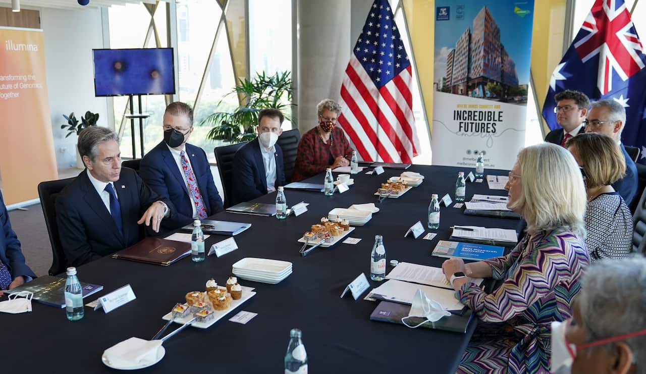 U.S. Secretary of State Antony Blinken takes part in a health security partnerships roundtable at Biomedical Precinct in Melbourne