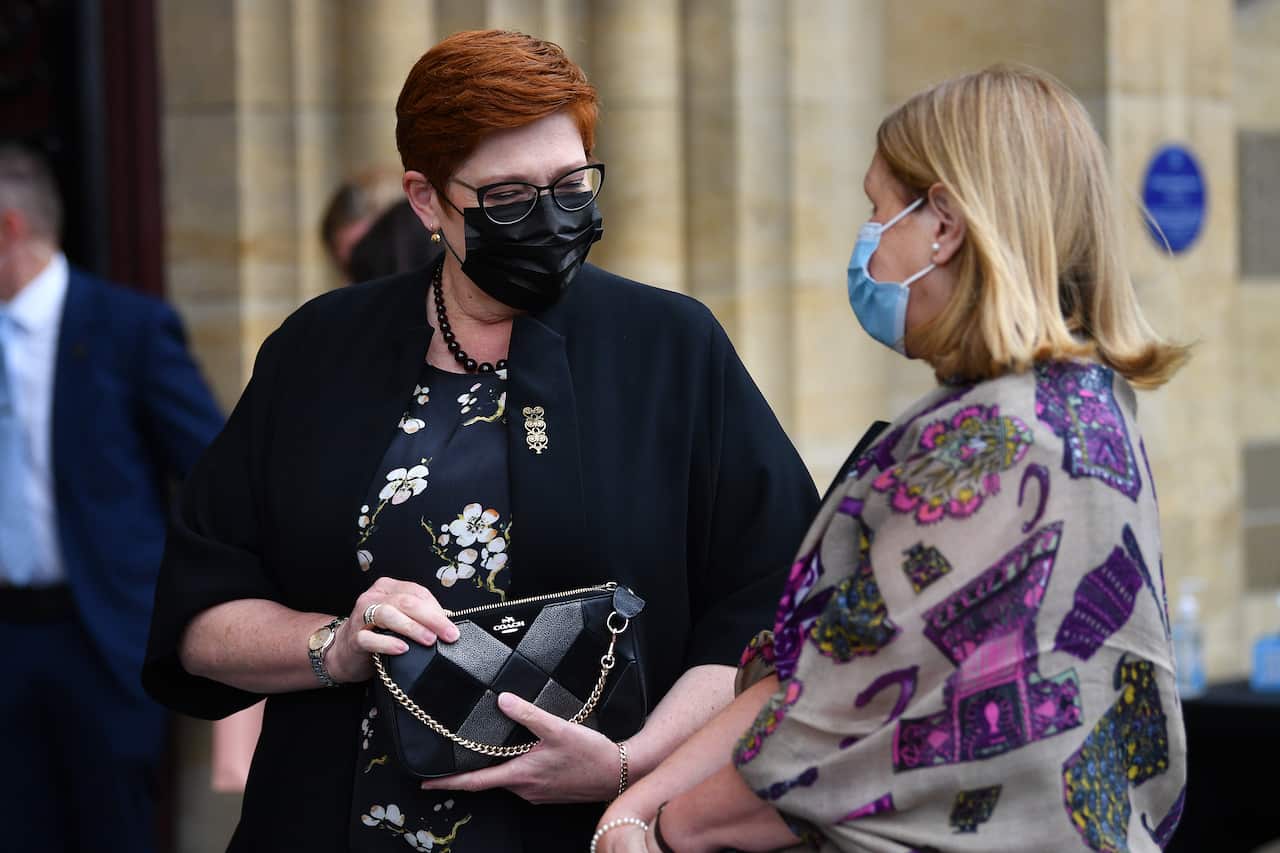 Australian Foreign Minister Marise Payne arrives to the State Memorial Service for Andrew Peacock at St Paul’s Cathedral in Melbourne, Friday, February 11, 2022. (AAP Image/James Ross) NO ARCHIVING