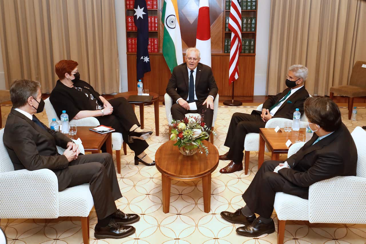 From left to right: Antony Blinken, Marise Payne, Scott Morrison, Dr. S. Jaishankar and Hayashi Yoshimasa