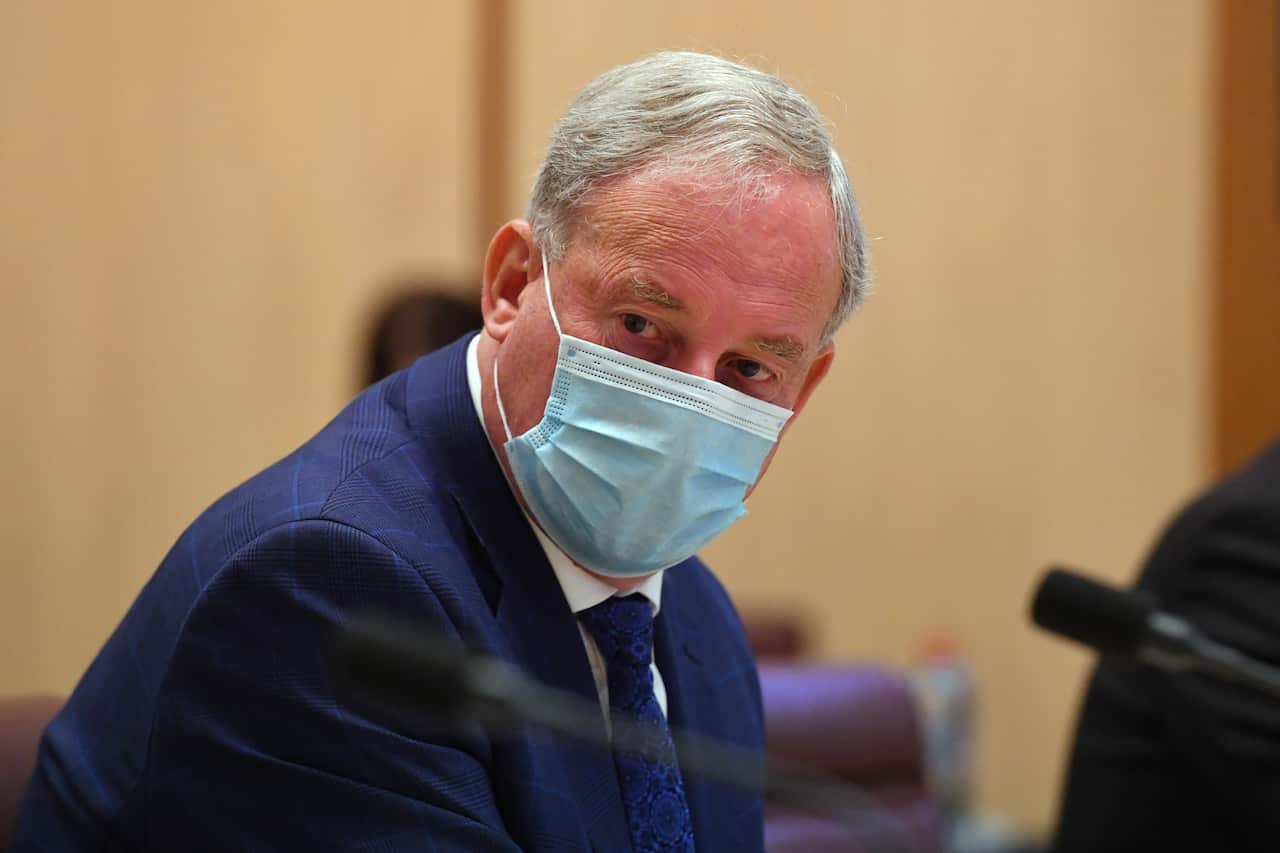 Minister for Aged Care Services Richard Colbeck during Senate Estimates at Parliament House in Canberra, 16 February, 2022.