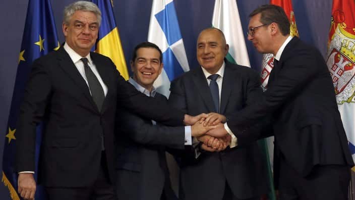 Serbian President Aleksandar Vucic, right, poses with Romanian Prime Minister Mihai Tudose, left, Greece's Prime Minister Alexis Tsipras, second from left, and Bulgarian Prime Minister Boyko Borisov