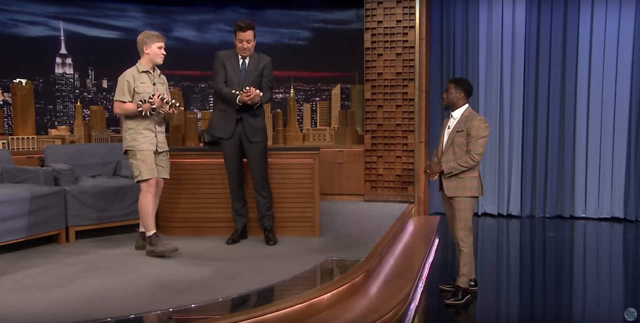Robert Irwin (pictured left), Jimmy Fallon (pictured centre) and Kevin Hart (pictured right).