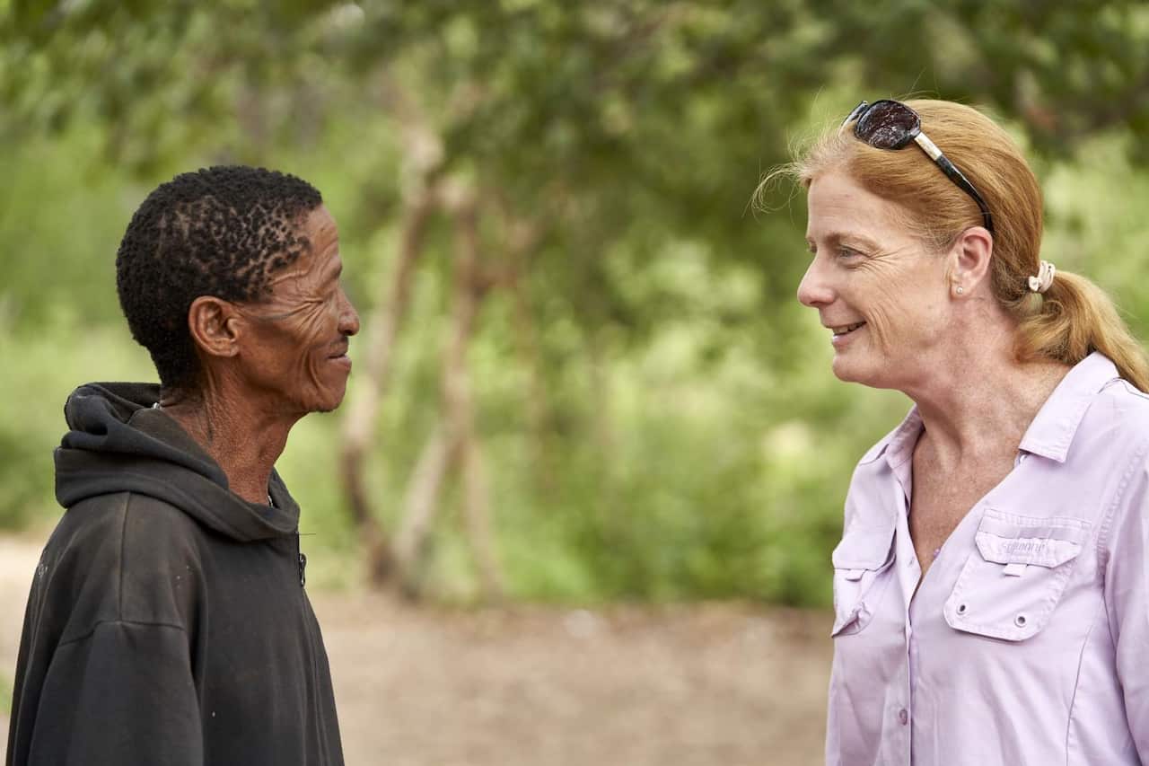 Headman (from an extended Ju/’hoansi family) with Professor Hayes. 