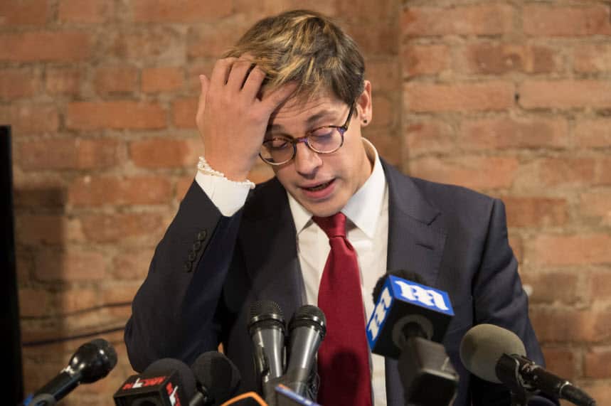 Milo Yiannopoulos speaks during a news conference, Tuesday, Feb. 21, 2017, in New York. 