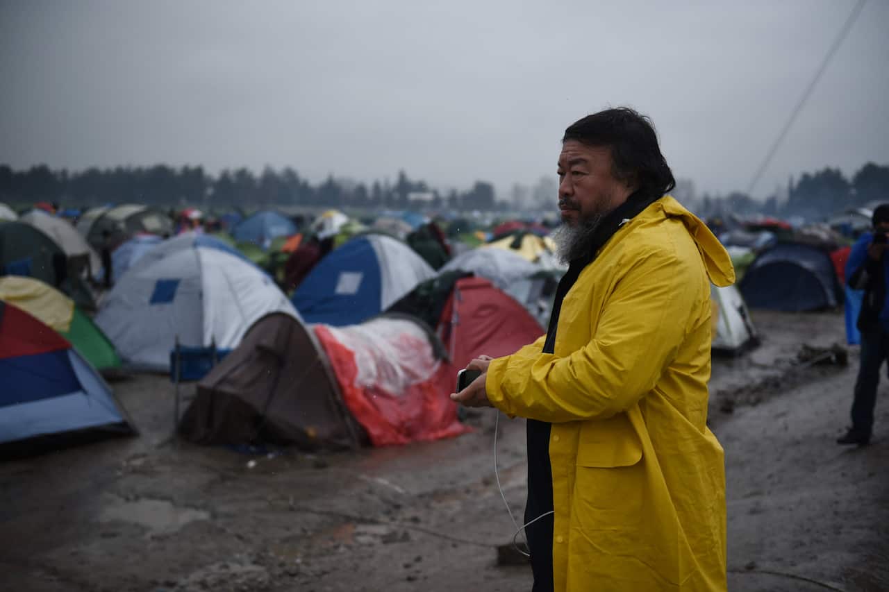 Chinese artist Ai Weiwei a camp set by migrants at the Greek-Macedonian border near the Greek village of Idomeni in 2016.