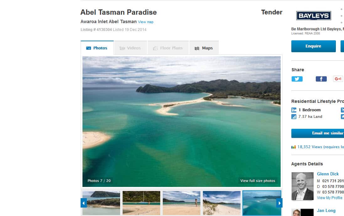 The inlet was listed before Christmas and includes 800 metres of beach (realestate.co.nz)