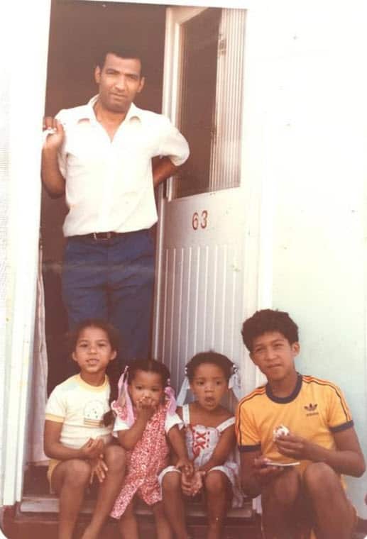 Janice Petersen with her brother Dale (far right), uncle and cousins, on a holiday to South Africa, age 6.
