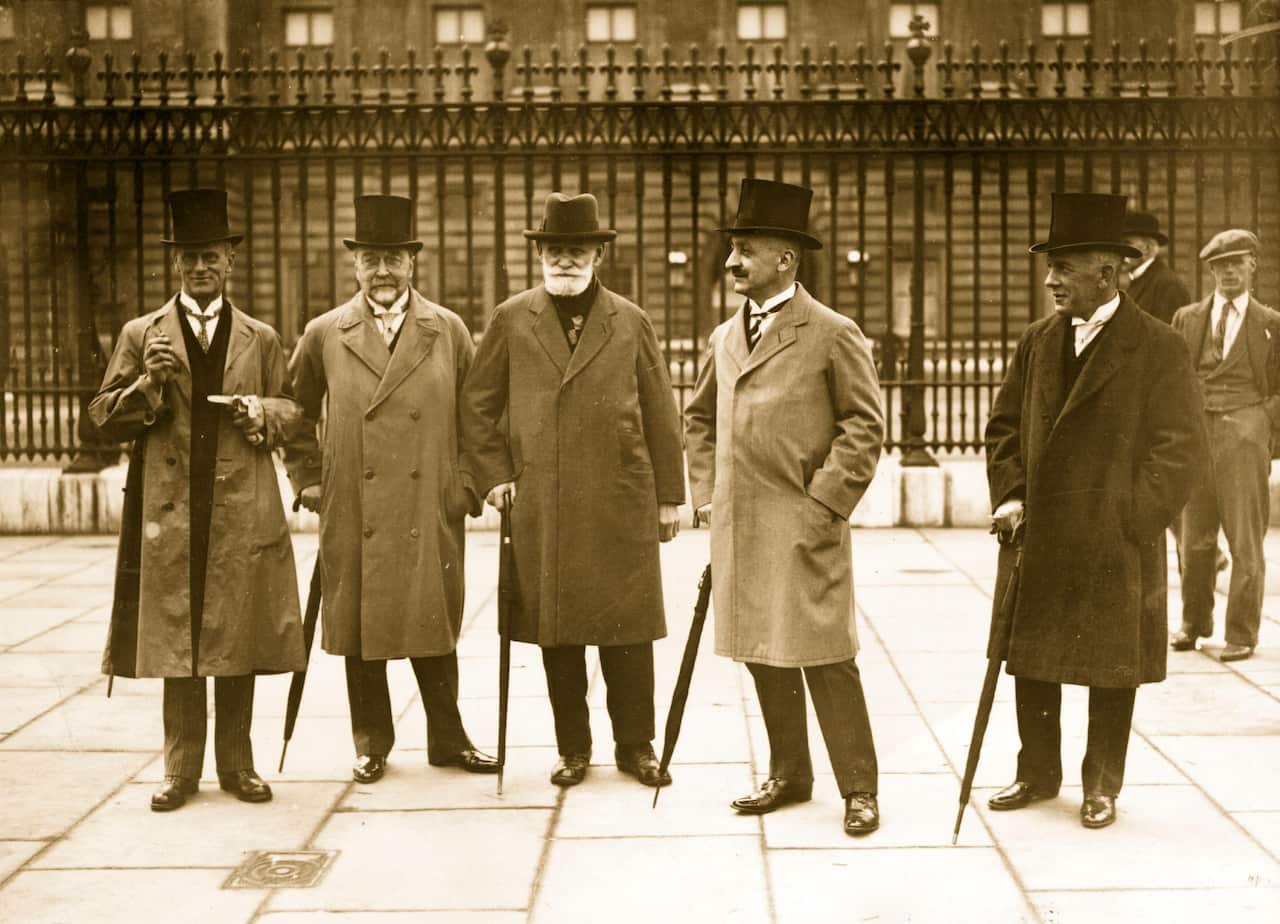 Professor Pavlov of Russia, centre, with Professors Bethe, Samojloff and Gildemeister outside Buckingham Palace after a reception by the King. (Getty)