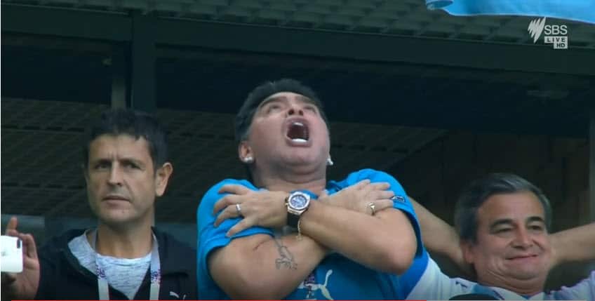 Diego Maradona celebrates a goal in Argentina's win over Nigeria in the World Cup.