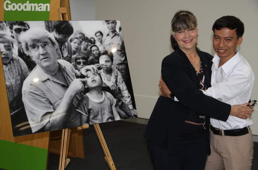 Gabi Hollows with Giap on his trip to Australia for the 25th anniversary of the foundation.