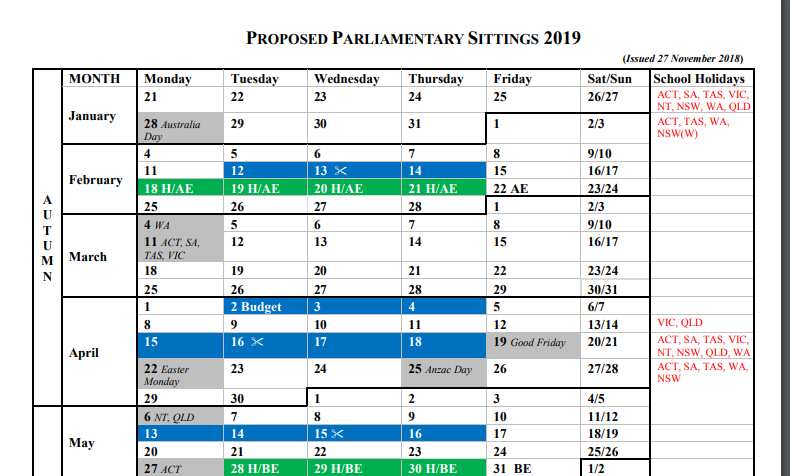 2019 sitting calendar. Blue bars are both houses, while the Green bars represent Reps-only weeks without the Senate. 
