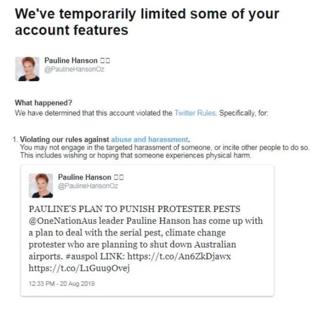 Pauline Hanson has shared the Twitter suspension notice.