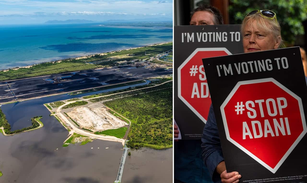 The Adani Abbot Point coal terminal on February 9 and an anti-Adani protest.