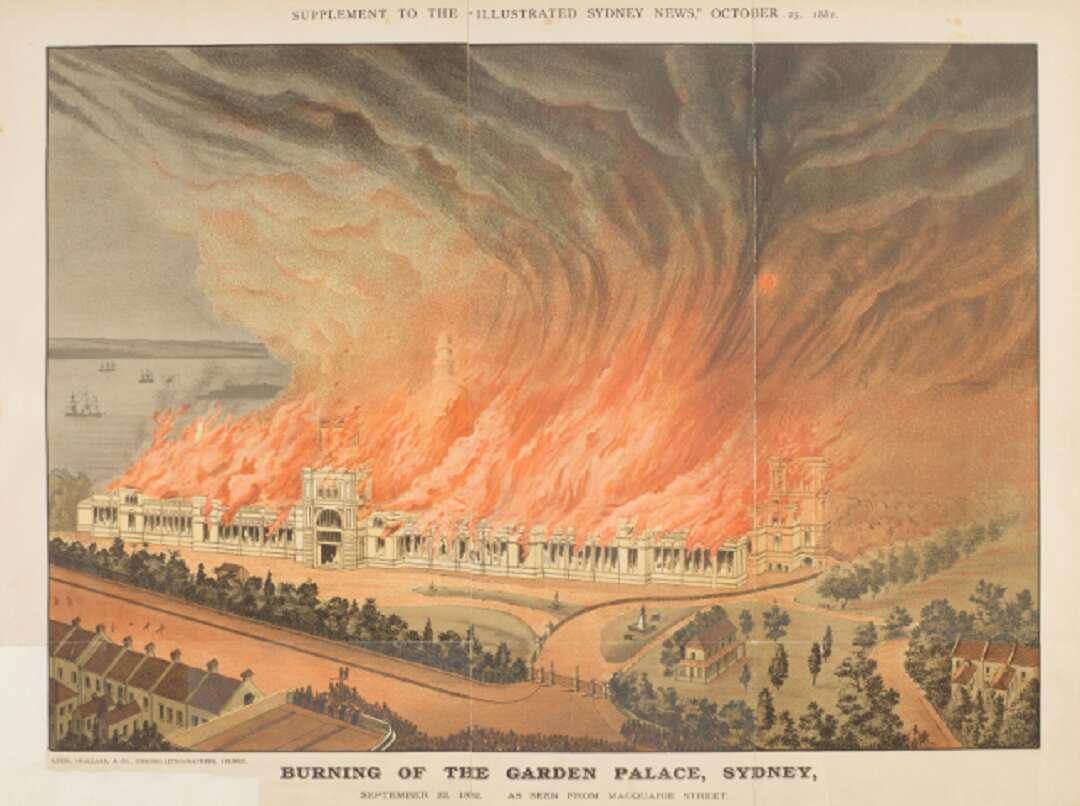 An illustration of the Garden Palace burning down.