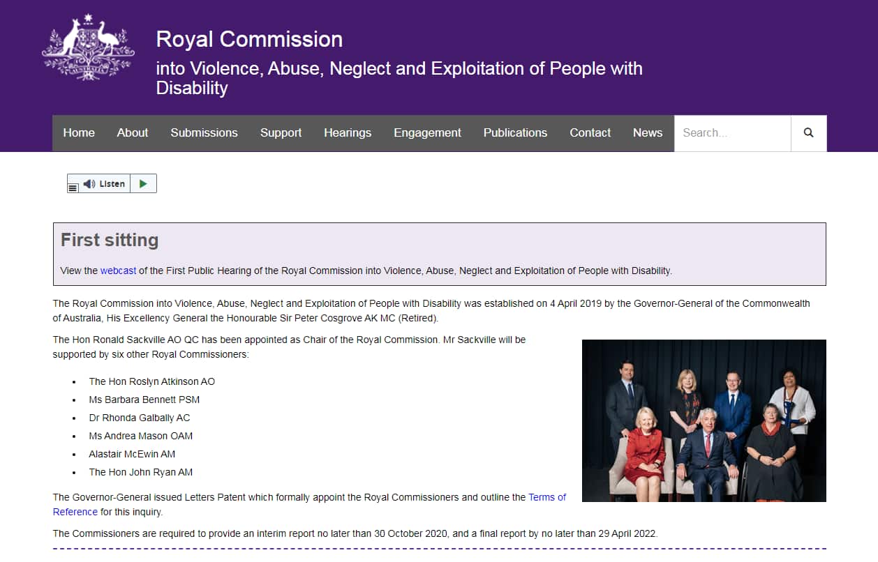 The website of the Royal Commission into Violence, Abuse, Neglect and Exploitation of People with Disability, as it appeared in October 2019.