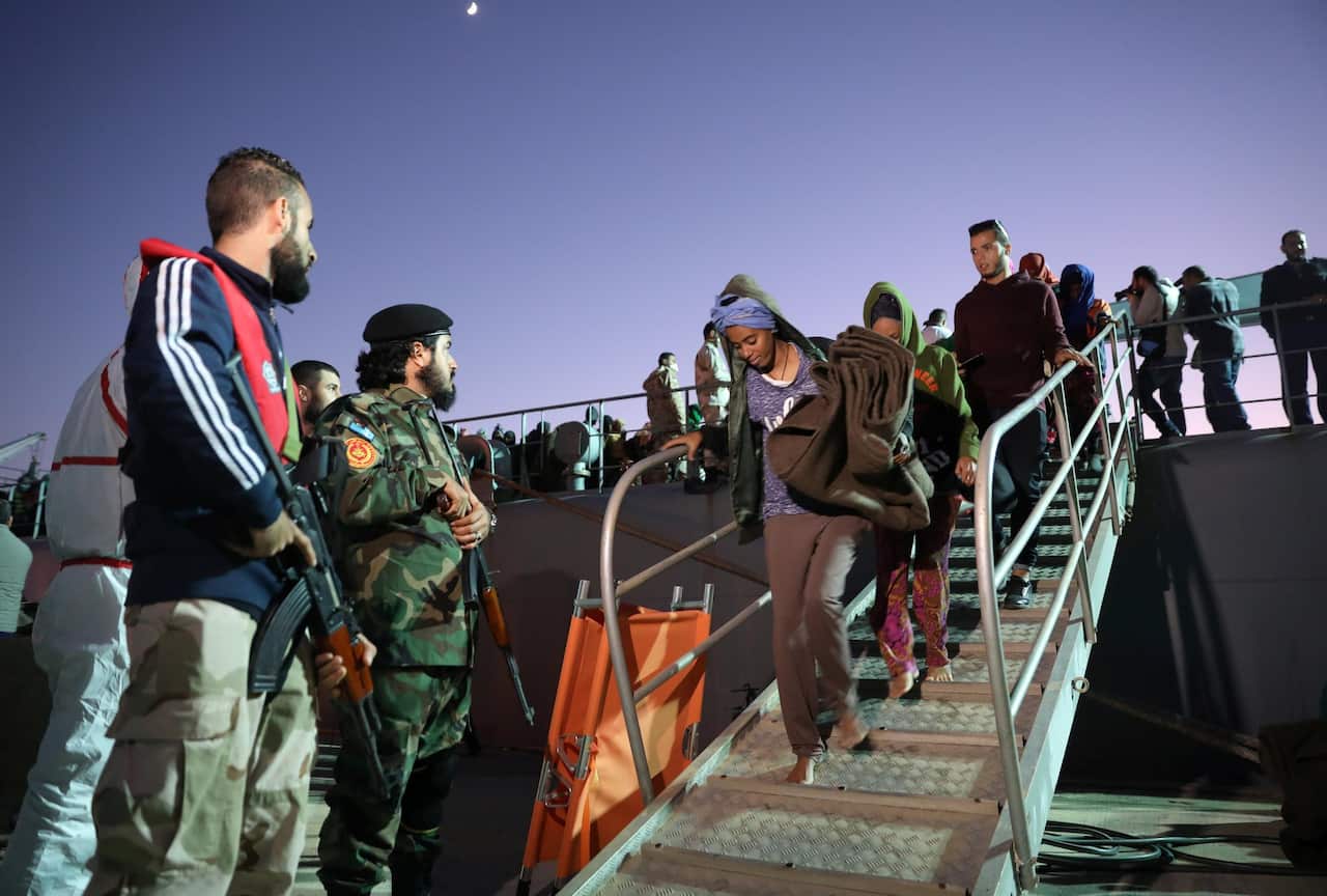Migrants arriving at a naval base in Tripoli after they were picked up by the Libyan coast guard in November.