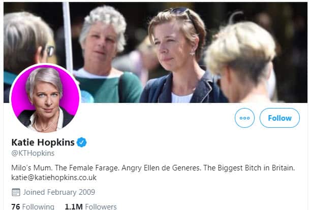 A screenshot of Katie Hopkins' Twitter bio