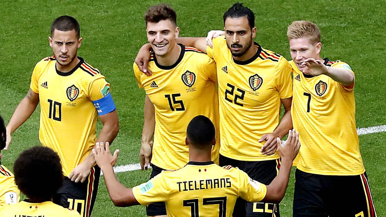Belgium players celebrating their first goal.