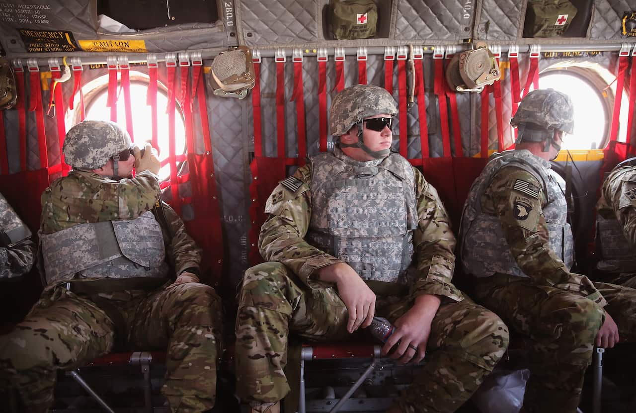 US soldiers on a helicopter flight in Afghanistan.