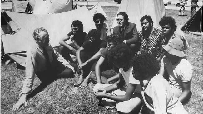 Then-opposition leader Gough Whitlam visiting the Tent Embassy.
