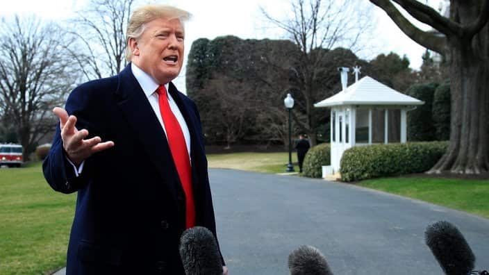 President Donald Trump speaks to reporters before leaving the White House in Washington, Wednesday, March 20, 2019, for a trip to visit the Lima Army Tank Plant in Lima, Ohio, and a fundraising event in Canton. (AP Photo/Manuel Balce Ceneta)